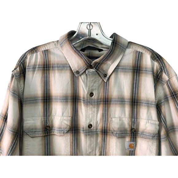 Carhartt Mens Brown Plaid Loose Fit Midweight Shirt Sleeve Button Down Shirt XL - Picture 2 of 6